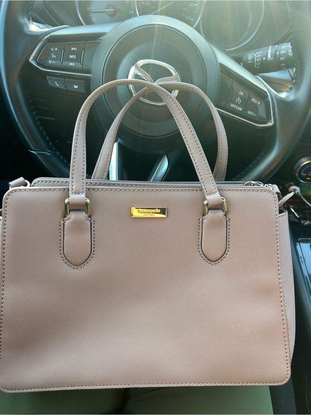 kate spade taupe leather satchel with gold-tone hardware